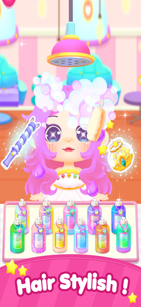 BonBon Makeup & Dress Up - A cute cartoon girl getting her pink hair washed with soap bubbles in a hair salon mini-game.