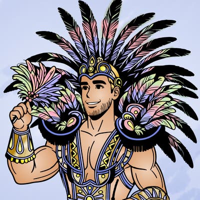 a realistic man  in the carnaval of rio with a carnival costume from brazil with feathers