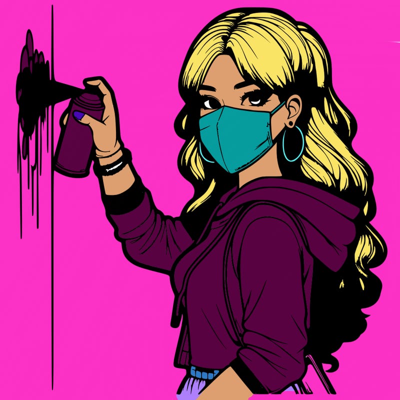 realistic girl with mask spray painting a wall