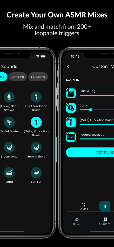 Interfaz de la aplicación móvil Tingles ASMR que muestra la mezcla de sonidos personalizada con controles deslizantes de volumen y varios disparadores.