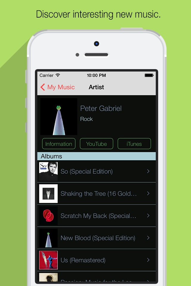 My Music - Your list of favorite artists, and bands. - Una captura de pantalla de la aplicación Mi Música mostrando el perfil del artista Peter Gabriel con una lista de álbumes y enlaces a YouTube e iTunes.