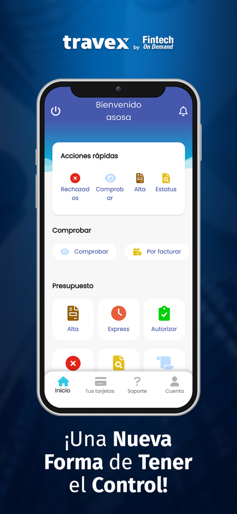 Travex - Travex mobile app dashboard showing quick actions for expense reporting and corporate budget management