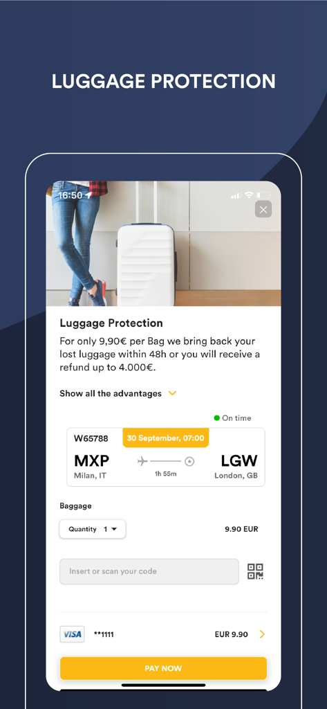 FLIO app luggage protection screen offering lost baggage recovery and refund services