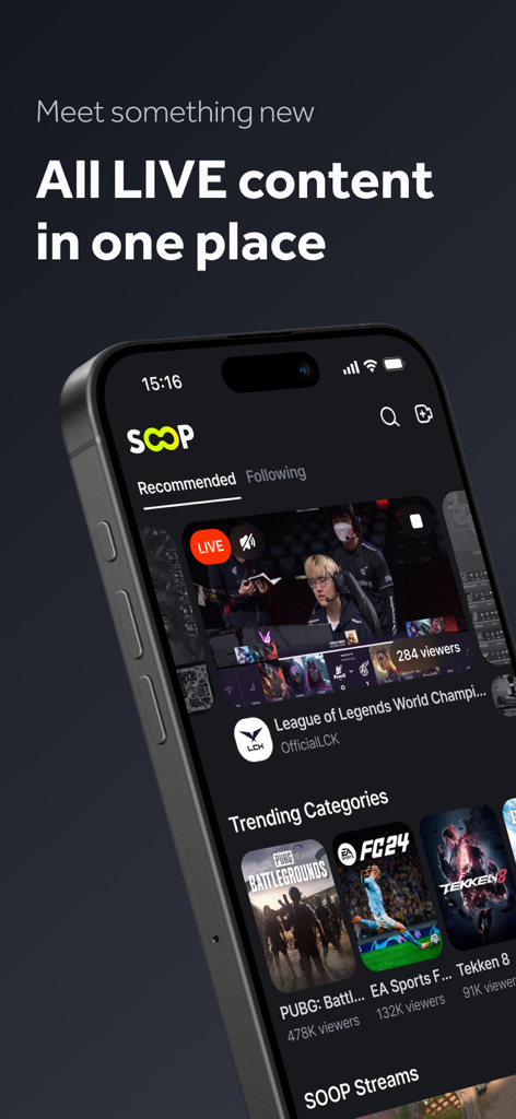 SOOP - Global Streaming - Home screen of the SOOP app showing a live esports stream and trending gaming categories