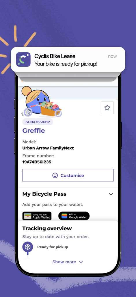 My.Cyclis - My.Cyclis app screen showing bike lease tracking and pickup notification.
