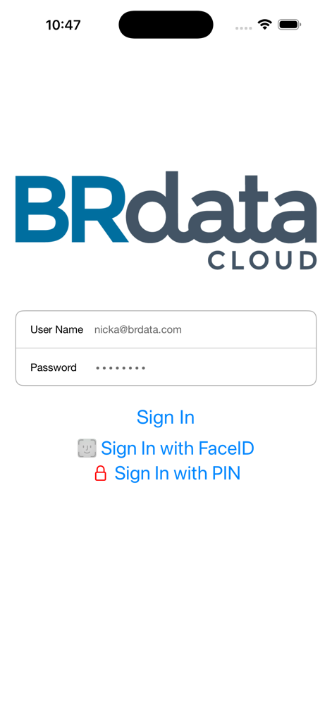 BRdata Cloud - Login screen for the BRdata Cloud mobile app showing username and password input fields with FaceID and PIN sign in options