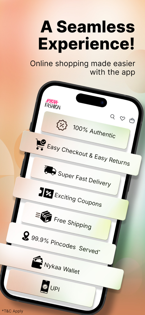 Nykaa Fashion - Shopping App - Captura de pantalla de la aplicación Nykaa Fashion que muestra funciones de compra en línea fluidas como productos auténticos, devoluciones sencillas y envío gratuito.