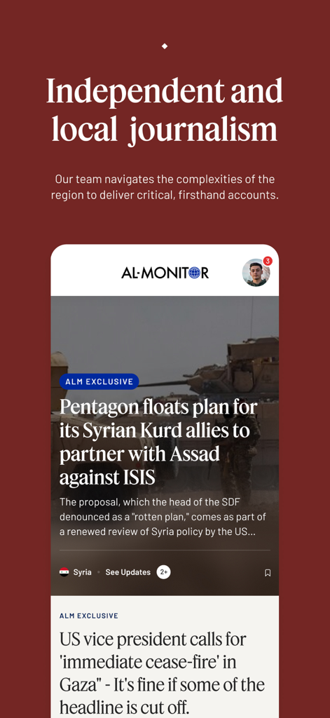 AL-Monitor - Al-Monitor mobile app interface displaying headlines about Middle East policy and independent reporting