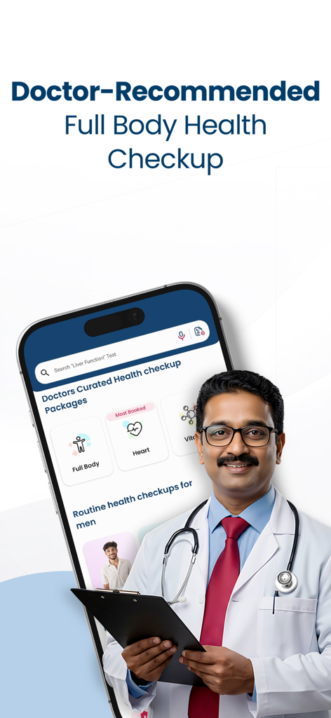 Redcliffe Labs - Blood Test - A doctor recommending full body health checkup packages on the Redcliffe Labs mobile app
