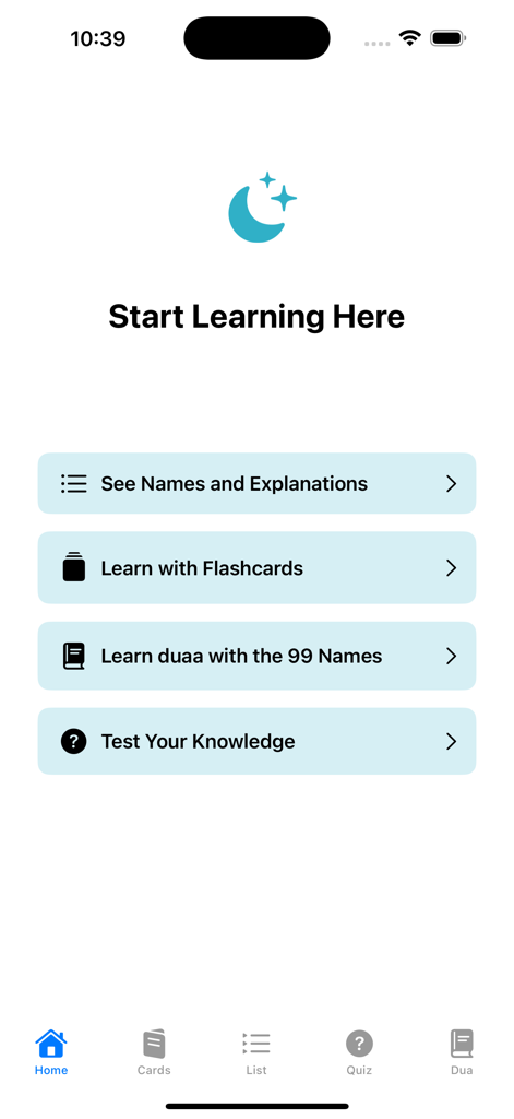 The Divine Names - Main menu of The Divine Names app showing options for names explanations flashcards and quizzes