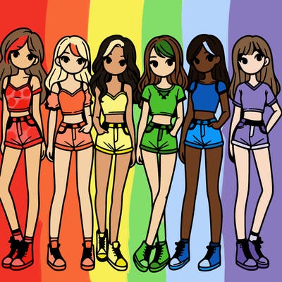 a group of girls wearing crop tops and shorts