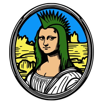 leonardo da vinci's "mona lisa" with punk hairstyle, realistic, thin borders