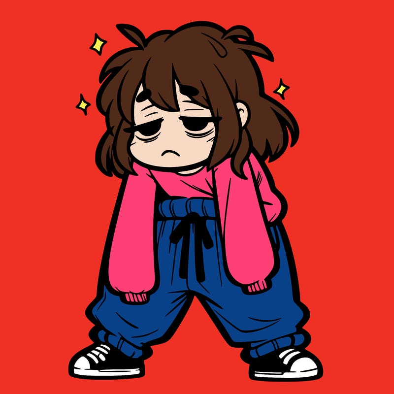 tired girl with baggy clothes
