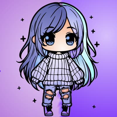 chibi girl with ripped jeans,long hair, and an oversized sweater