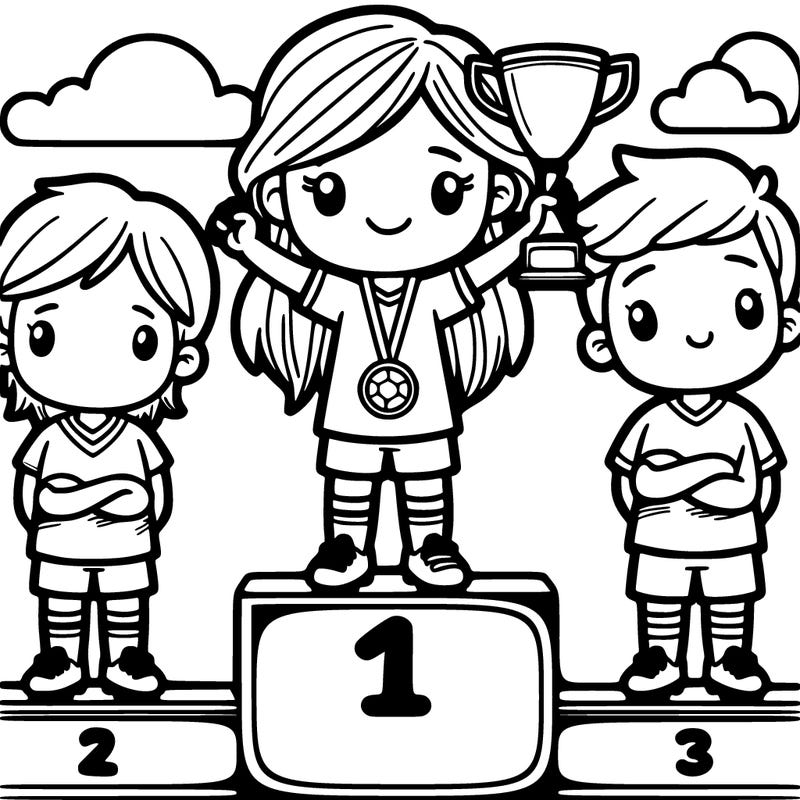 a girl in a soccer jersey standing on a podium, with a trophy, and in second place and third place are boys