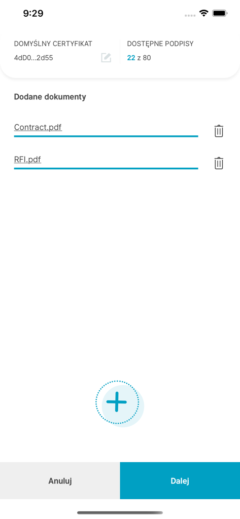 Interfaz de la aplicación mSzafir que muestra una lista de documentos PDF subidos listos para la firma electrónica cualificada