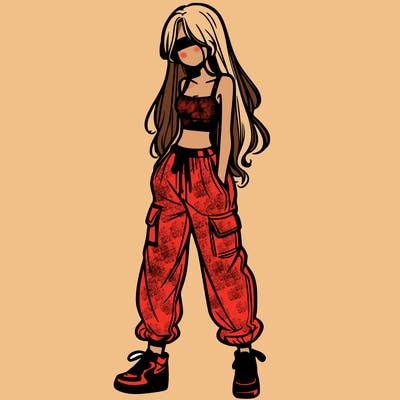 girl in baggy pants crop top and long hair
