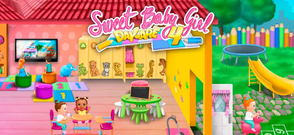 Sweet Olivia - Daycare 4 - ハイチェアに座った赤ちゃんたちと、滑り台やトランポリンがある屋外の遊び場が描かれたカラフルなバーチャルデイケア