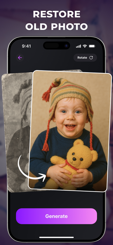 AI Photo Animator & Creator - AI photo restoration interface showing a black and white vintage photo of a child being transformed into a vibrant color portrait