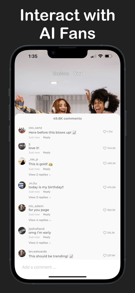 A smartphone display showing the Hype Simulator app interface with viral social media comments from AI fans.
