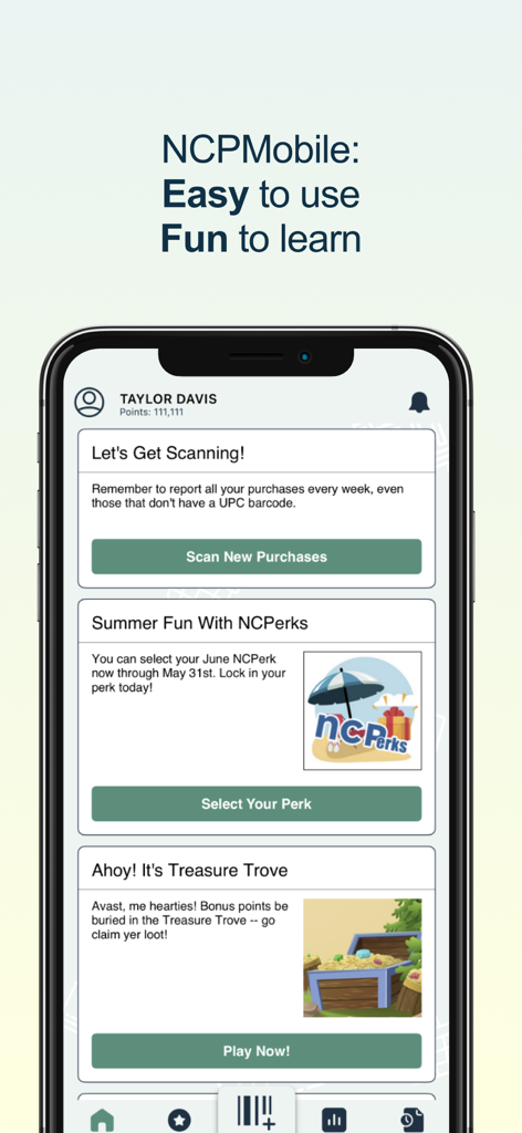NCPMobile app dashboard featuring options to scan purchases and earn rewards