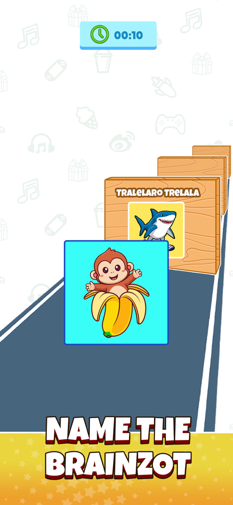 Jugabilidad de Brainrot Mini Challenge mostrando un concurso de personajes de meme con un mono en un plátano y una tabla de tiburón.