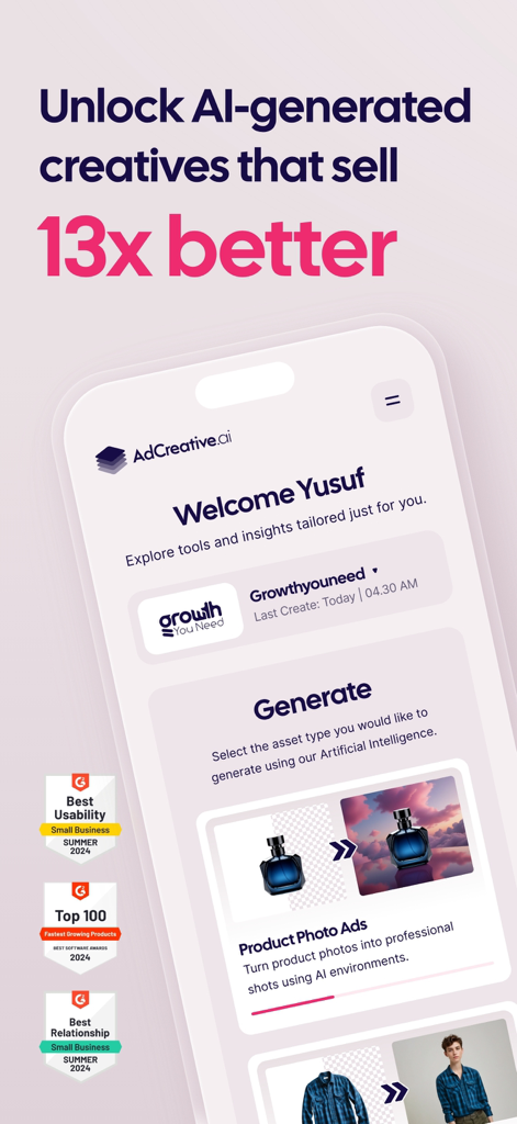 AdCreative.ai Official: AI Ads - AdCreative.ai app interface displaying AI-generated product photo ads and industry performance badges.