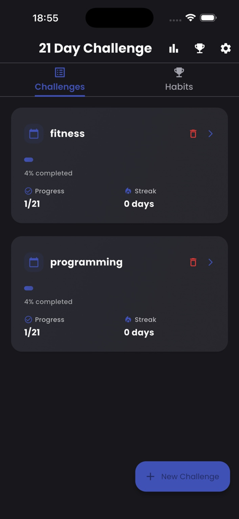 21 Days – AI Challenge - Interfaz de la aplicación 21 Días Desafío IA que muestra el progreso de fitness y programación