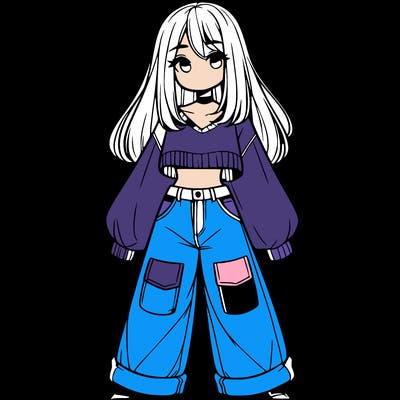 cute girl with straight hair in baggy jeans and a crop top and a sweater