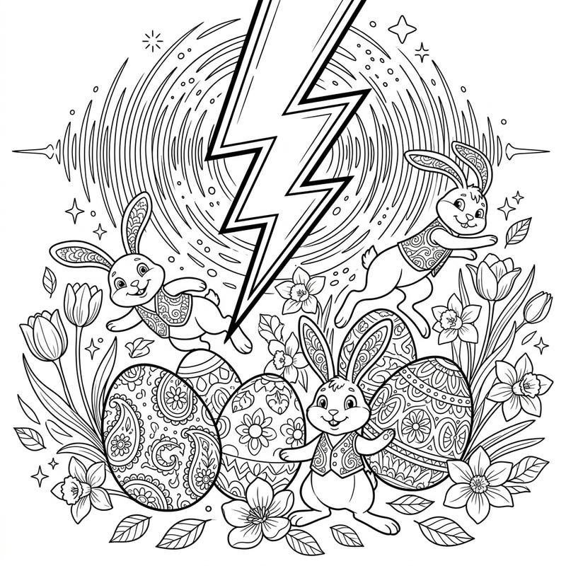 Experience a unique twist on Easter with this captivating coloring page, blending spring charm with a dynamic thunderclap. Adorn playful bunnies, intricate eggs, and vibrant spring blossoms with your favorite colors.