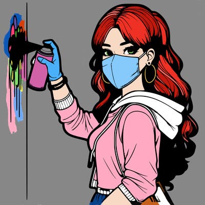 realistic girl with mask spray painting a wall
