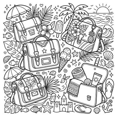 Get ready for a sun-soaked escape with this charming coloring page featuring stylish satchel bags enjoying a vibrant summer vacation. Explore a delightful array of beach accessories, tropical treats, and playful ocean motifs just waiting for your creative touch.