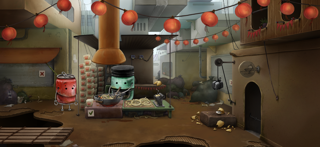 Boxville 2 - Un personnage en boîte rouge observe un chef en boîte verte cuisinant des nouilles à un étal de rue décoré de lanternes rouges dans Boxville 2.