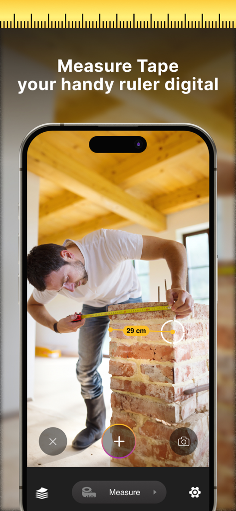 Measuring Tape: Digital Ruler - Smartphone screen displaying the Measuring Tape app interface with an AR measurement overlay on a brick pillar