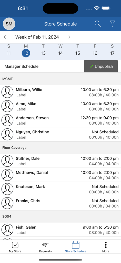 Store schedule interface showing employee shifts and department coverage in the SM 45 Zebra app