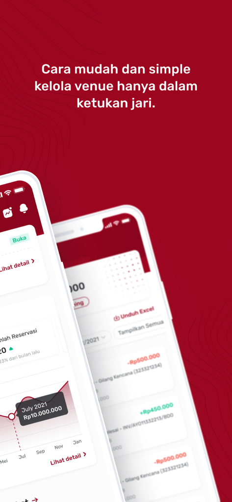 Mobile interface of AVM app showing sports facility financial data and transaction logs on a red background.