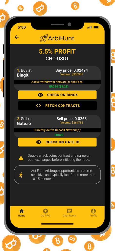 ArbiHunt - Crypto Arbitrage - ArbiHunt mobile App-Oberfläche, die eine Krypto-Arbitrage-Profitmöglichkeit von 5,5 Prozent mit Börsendetails anzeigt