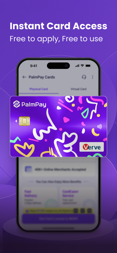 PalmPay - Transfers, Bills - Una pantalla de smartphone que muestra la aplicación PalmPay con una colorida tarjeta de débito Verve morada y el texto Acceso instantáneo a la tarjeta.