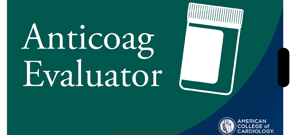 AnticoagEvaluator app introductory screen featuring the title and American College of Cardiology logo