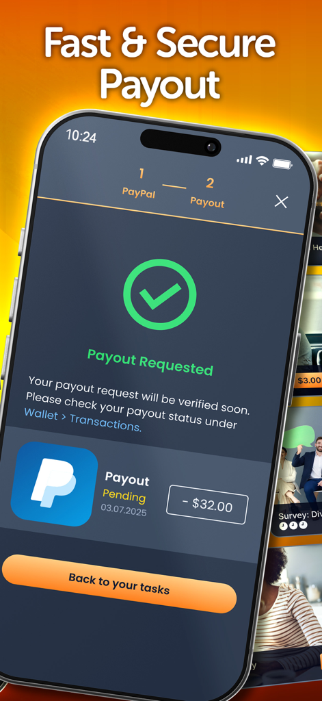 Testerup app interface showing a successful PayPal payout request for thirty two dollars