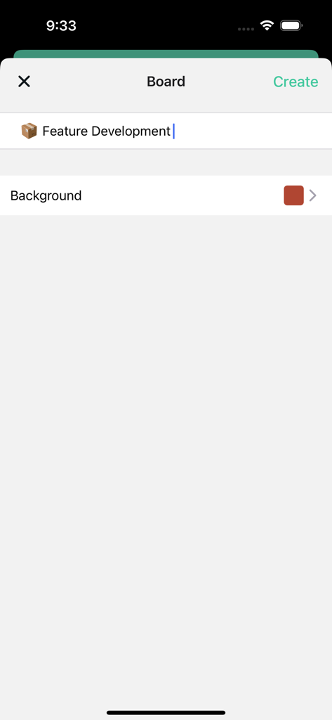 Balello - Interface of the Balello app showing the creation of a project board titled Feature Development