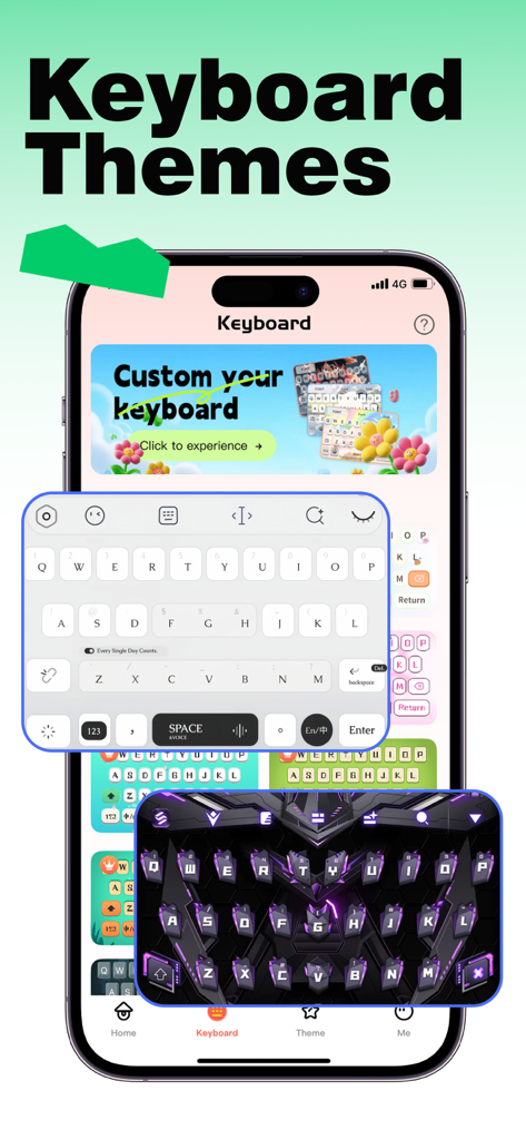iFonts: Text Fonts & Keyboard - 아이폰용 다양한 맞춤형 키보드 테마를 보여주는 iFonts 앱 인터페이스
