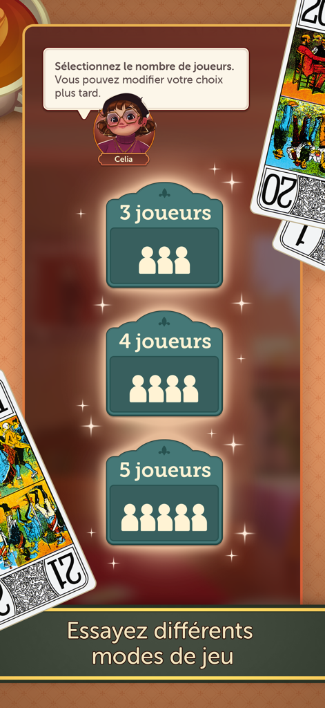 Tarot - Fun & Friends - Bildschirm zur Auswahl von Drei-, Vier- oder Fünf-Spieler-Modi in der Tarot-Kartenspiel-App.