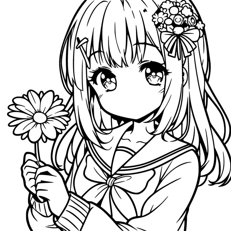 anime girl holding a flower
