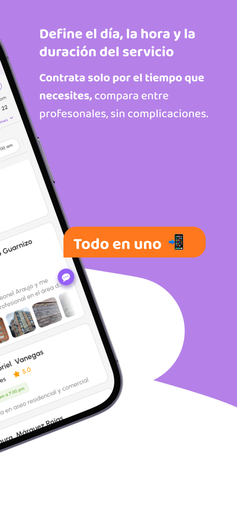 Tasky - Servicios en un clic - Interfaz móvil de la aplicación Tasky que muestra opciones de programación de servicios y perfiles de profesionales