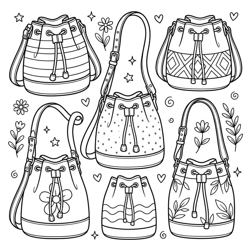Dive into the world of fashion with this delightful coloring page featuring various bucket bags. Perfect for young artists, it offers a creative outlet to personalize stylish accessories.