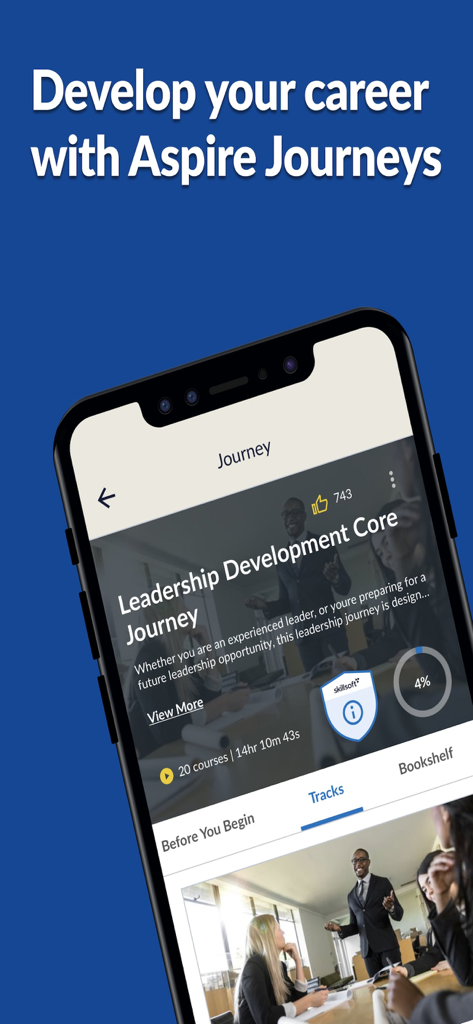 Pantalla de 'Aspire Journey' de Desarrollo de Liderazgo en la aplicación móvil Skillsoft Percipio