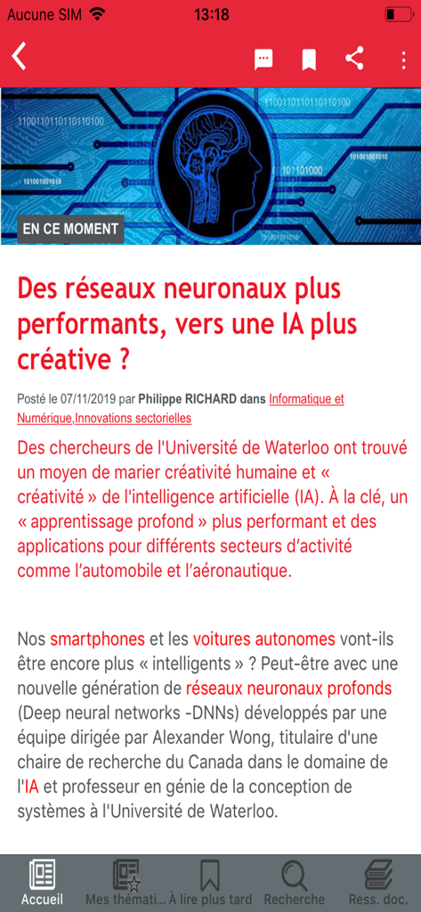 Article about neural networks and AI on the Techniques de l'Ingénieur mobile app interface