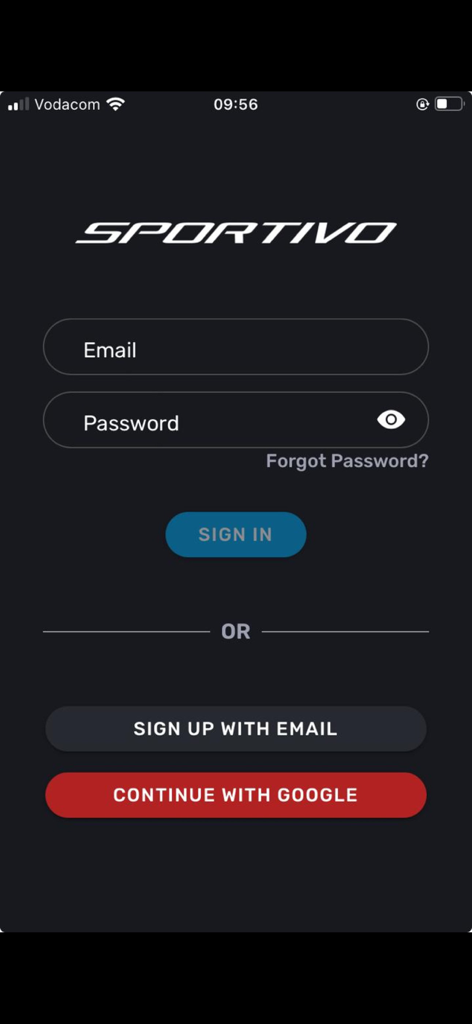 Sportivo Mobile - Sportivo Mobile login and registration screen with email and Google sign-in options