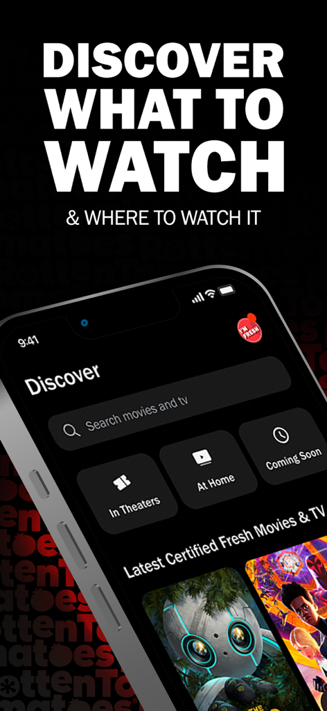 Interface do aplicativo Rotten Tomatoes mostrando a tela Descobrir para filmes e programas de TV.